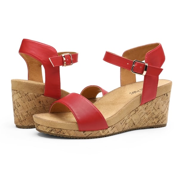 Buckle Platform Wedge Sandals - RED PU - 3